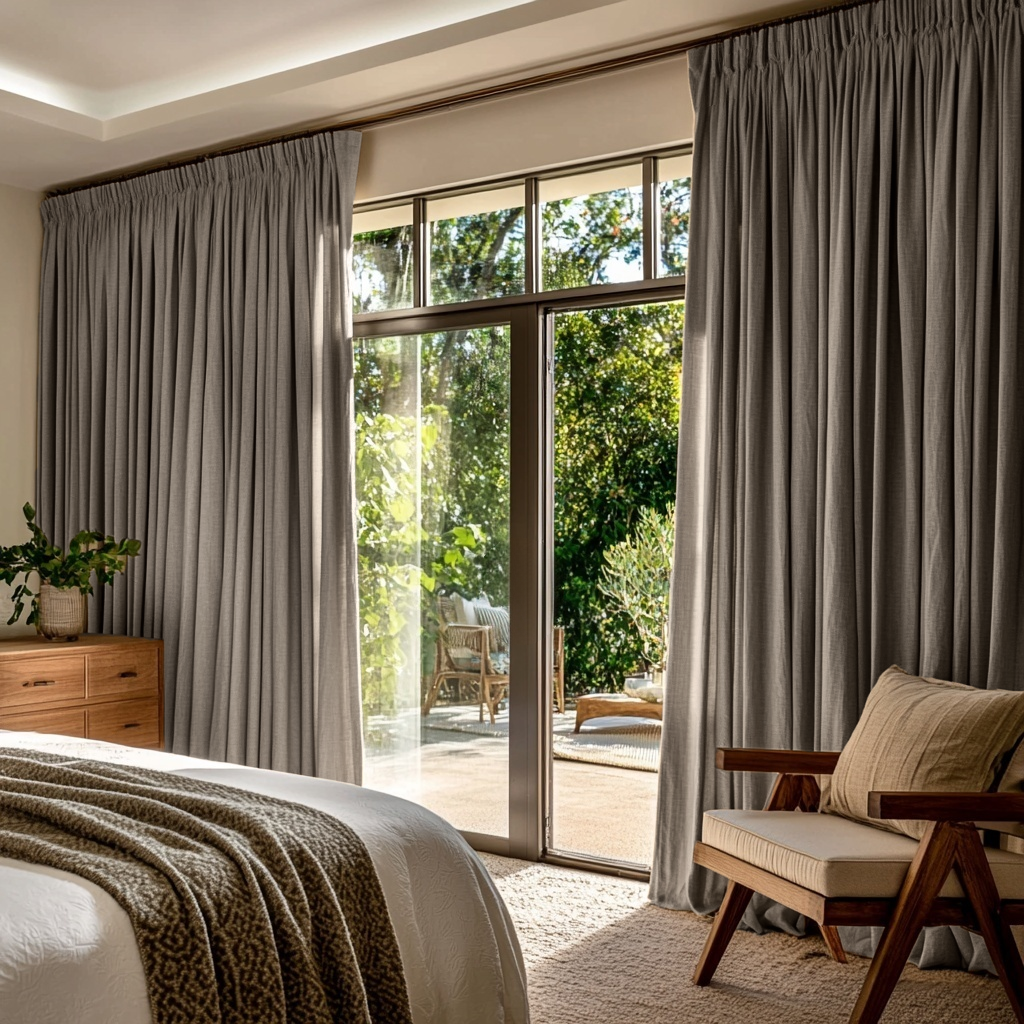 Natural Heavy Weight Linen Pencil Pleat Bedroom Curtains in a Warm Contemporary Bedroom with Natural Wood