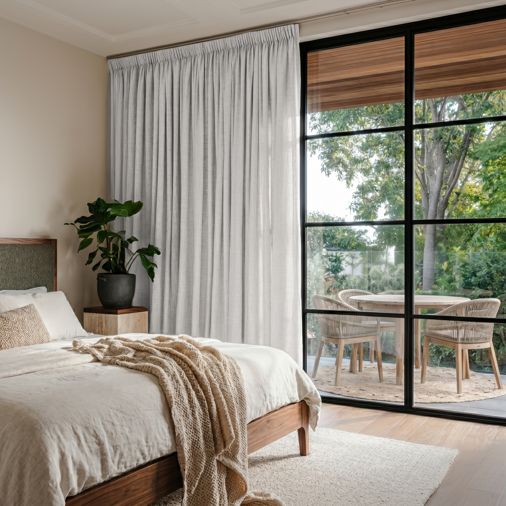 Off-White Heavy Weight Linen Pencil Pleat Curtains in a Serene Natural Bedroom with Warm Wood Accents