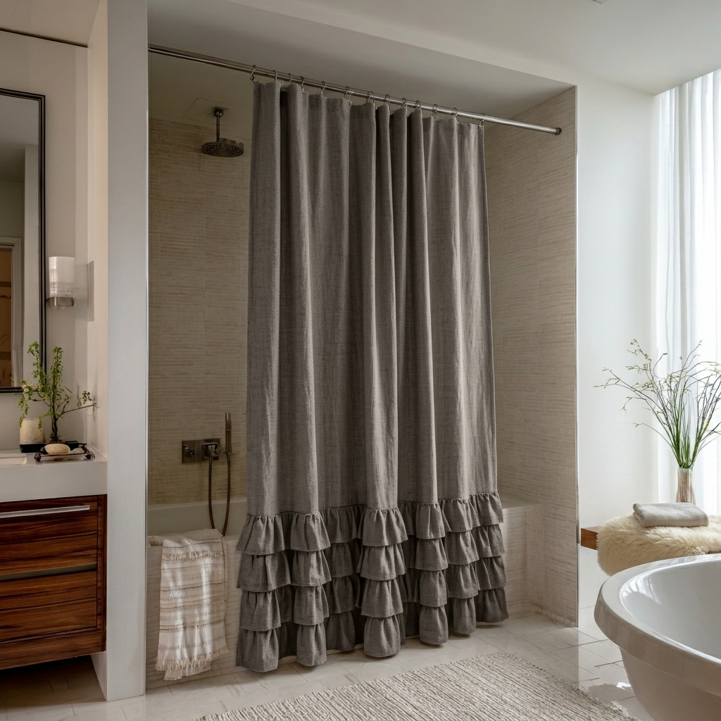 Natural Heavy Weight Linen Ruffled Shower Curtain