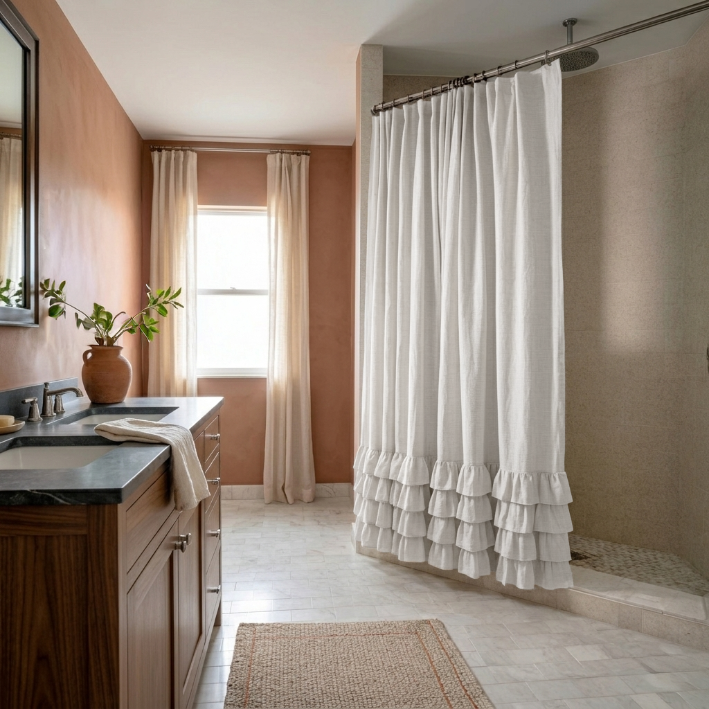 Off-White Heavy Weight Linen Ruffled Shower Curtain