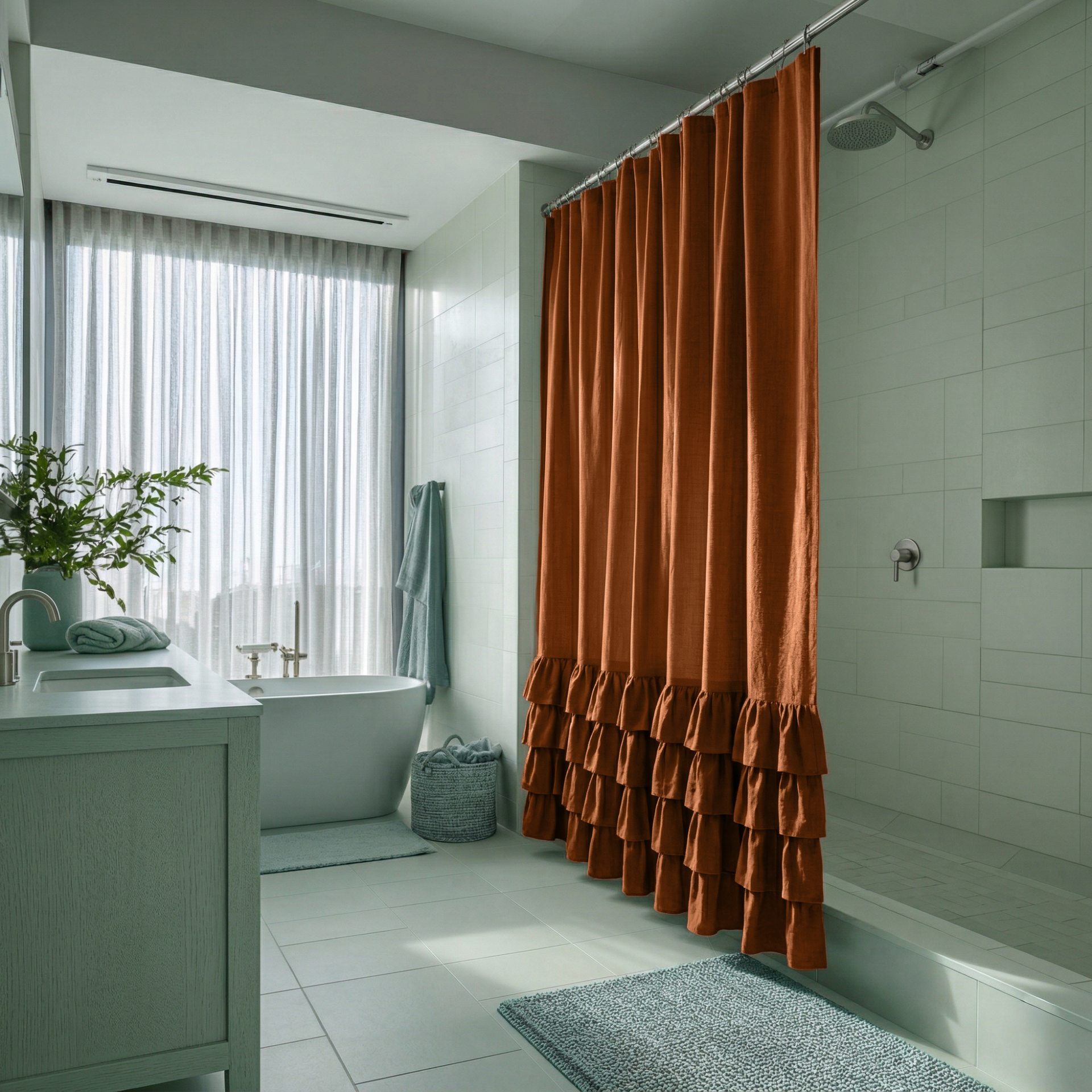 Terracotta Heavy Weight Linen Ruffled Shower Curtain