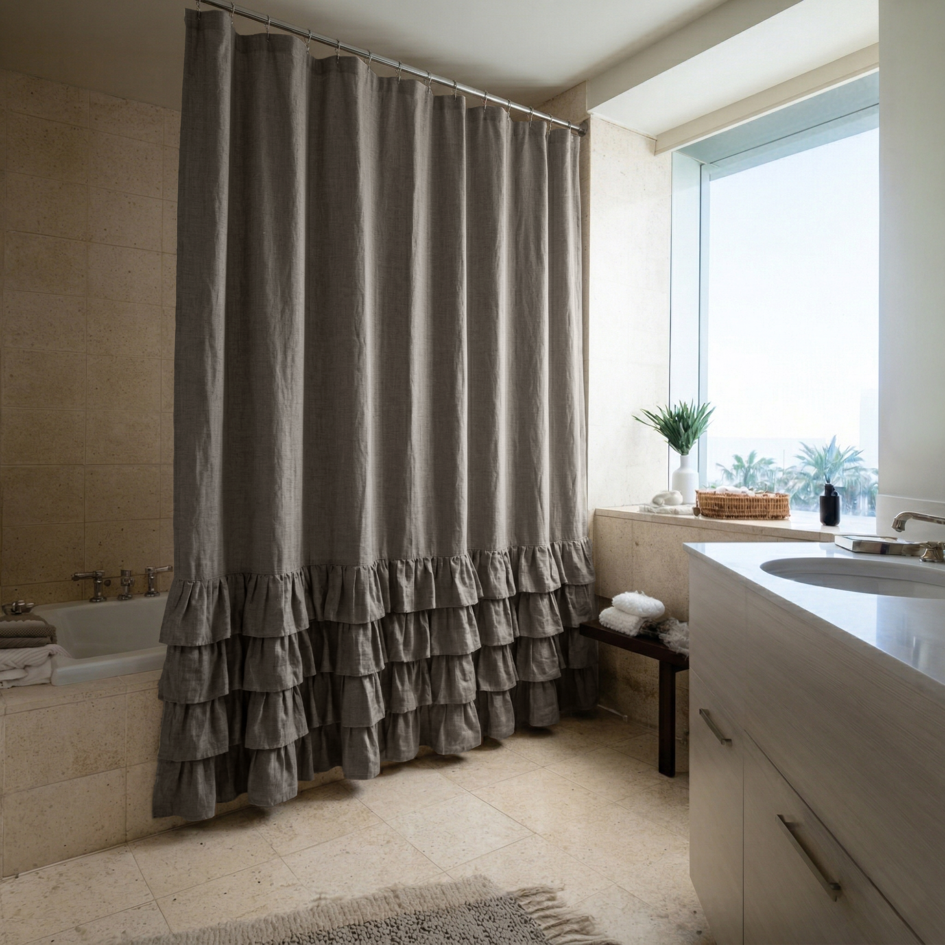 Natural Heavy Weight Linen Ruffled Shower Curtain