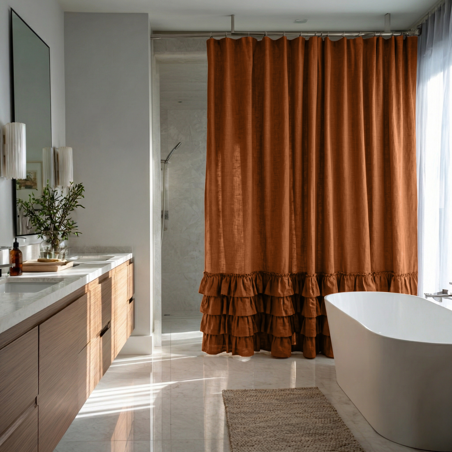 Terracotta Heavy Weight Linen Ruffled Shower Curtain