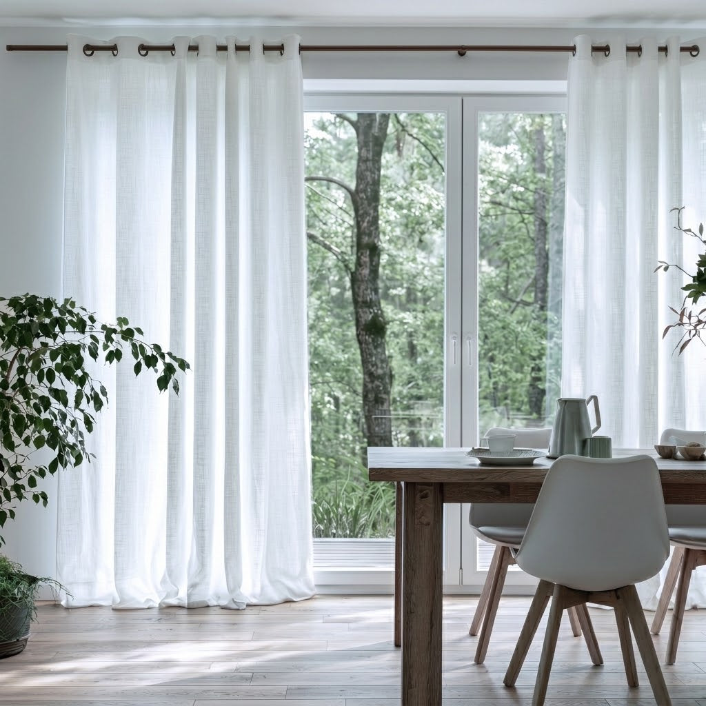 Heavy Weight Off-White Linen Eyelets Dining Room Curtain in a Rustic Modern Dining Room with White Walls, a Natural Wood Table and White Molded Chairs.