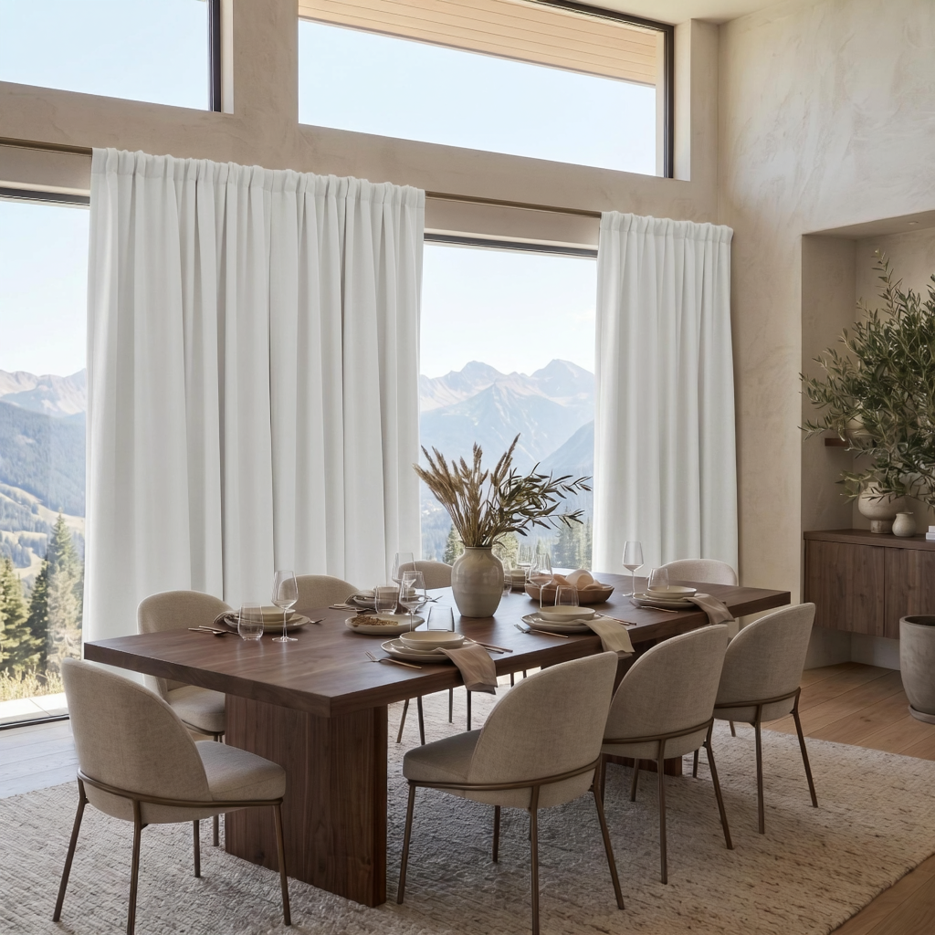 Heavy Weight Off-White Linen Rod Pocket Dining Room Curtain in a Contemporary Mountain Dining Room with Textured Beige Walls, a Dark Walnut Table and Light Upholstered Chairs - Blackout Lining