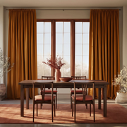 Heavy Weight Terracotta Linen Rod Pocket Dining Room Curtain in a Minimalist Dining Room with Beige Walls and a Dark Wood Table  - Blackout Lining