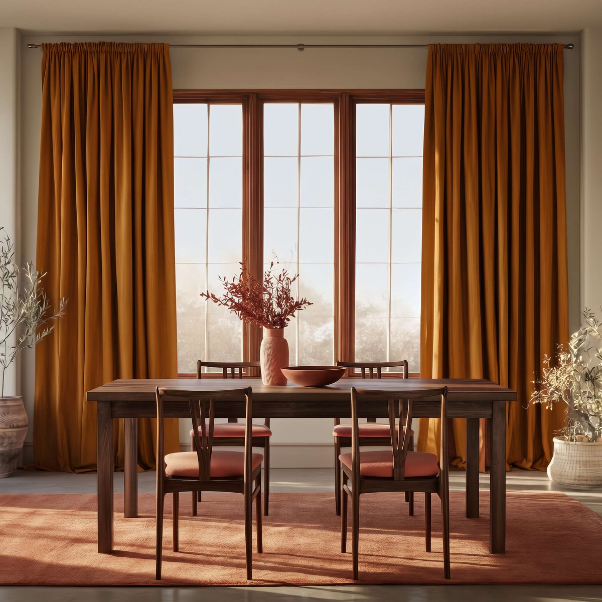 Heavy Weight Terracotta Linen Rod Pocket Dining Room Curtain in a Minimalist Dining Room with Beige Walls and a Dark Wood Table  - Blackout Lining