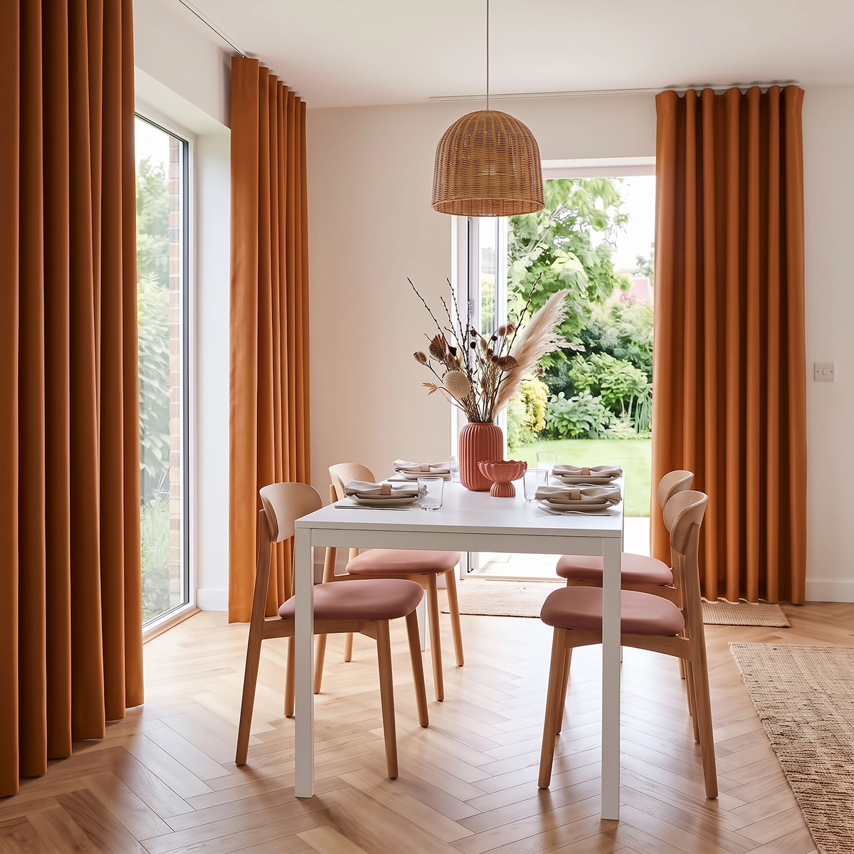 Heavy Weight Terracotta Linen S-fold Dining Room Curtain in a Contemporary Dining Room with White Walls and a Woven Pendant Light Suspended Over Light Wood Dining Chairs - Blackout Lining