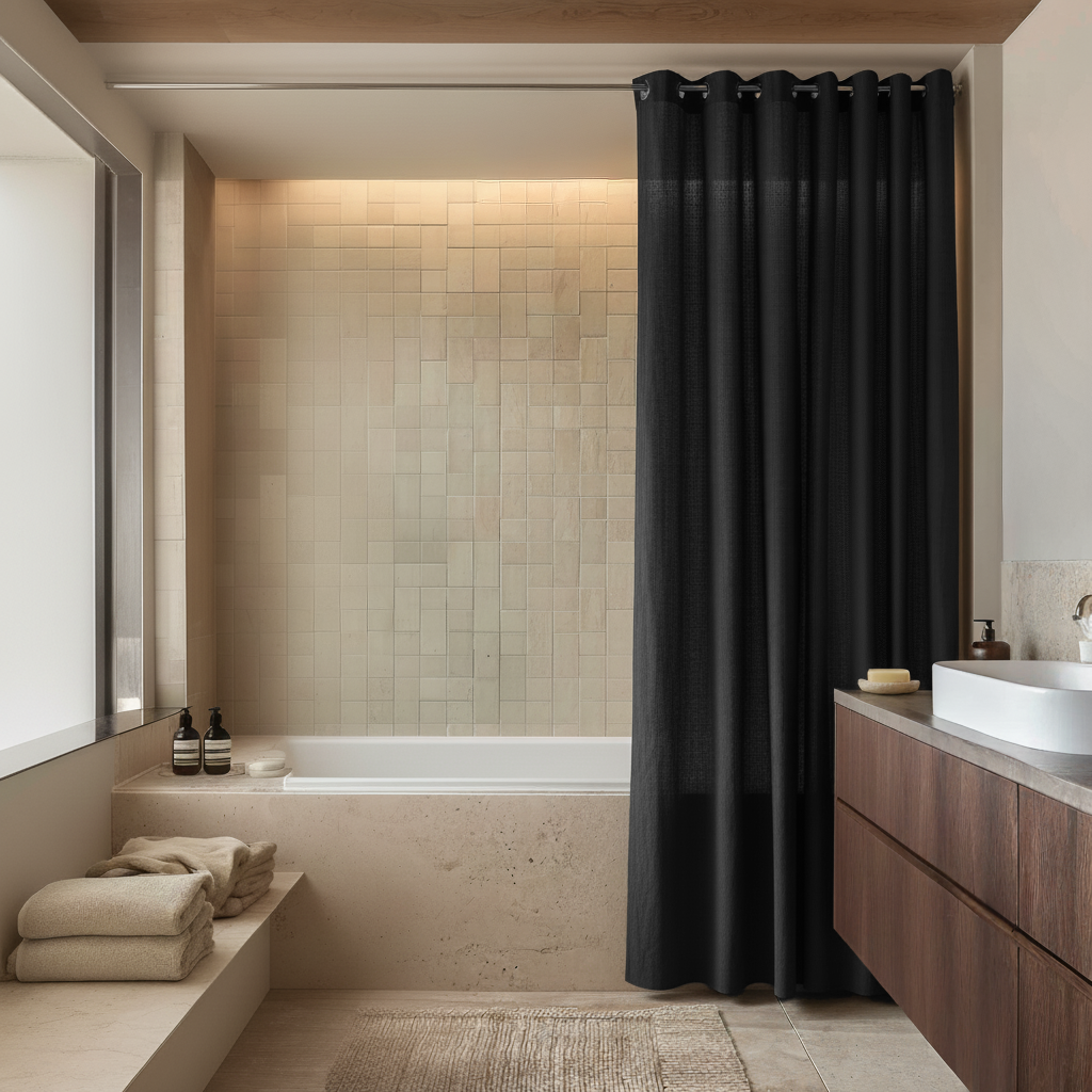 Black Hookless Linen Shower Curtain