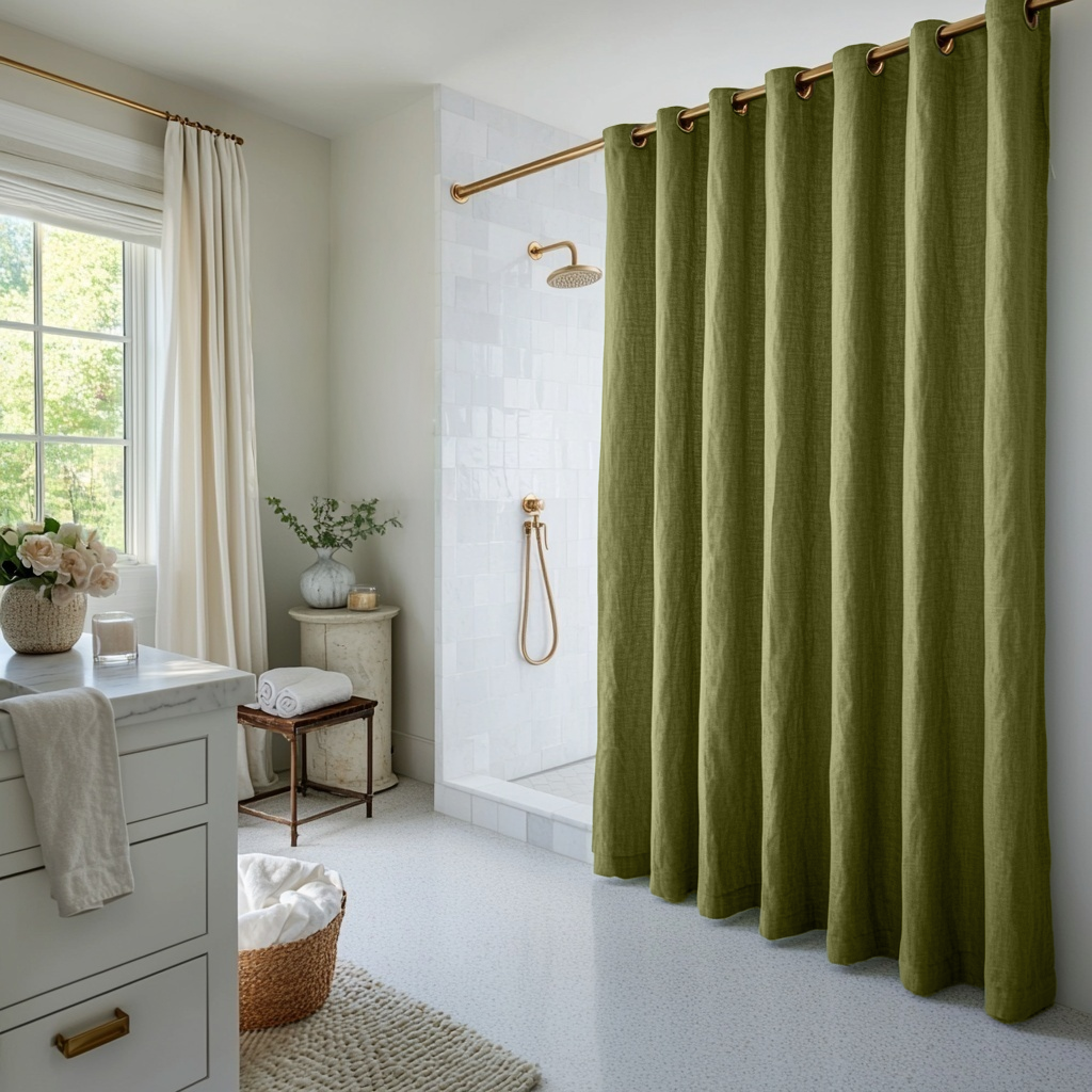 Olive Green Hookless Linen Shower Curtain