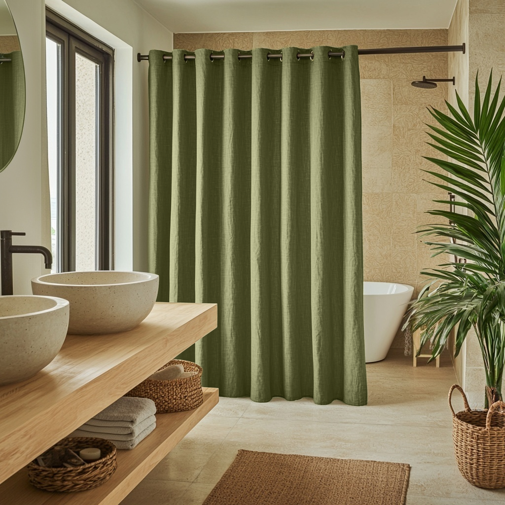 Olive Green Hookless Linen Shower Curtain
