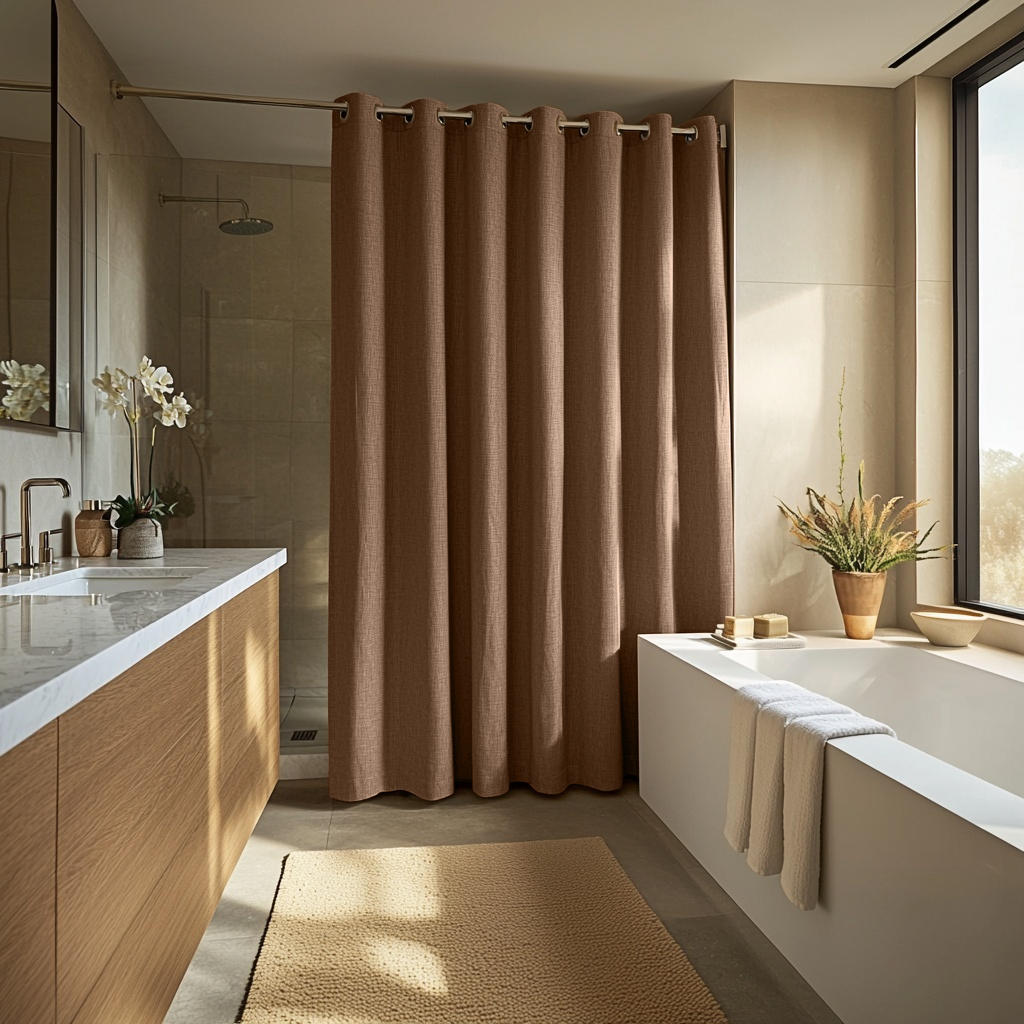Tawny Brown Hookless Linen Shower Curtain