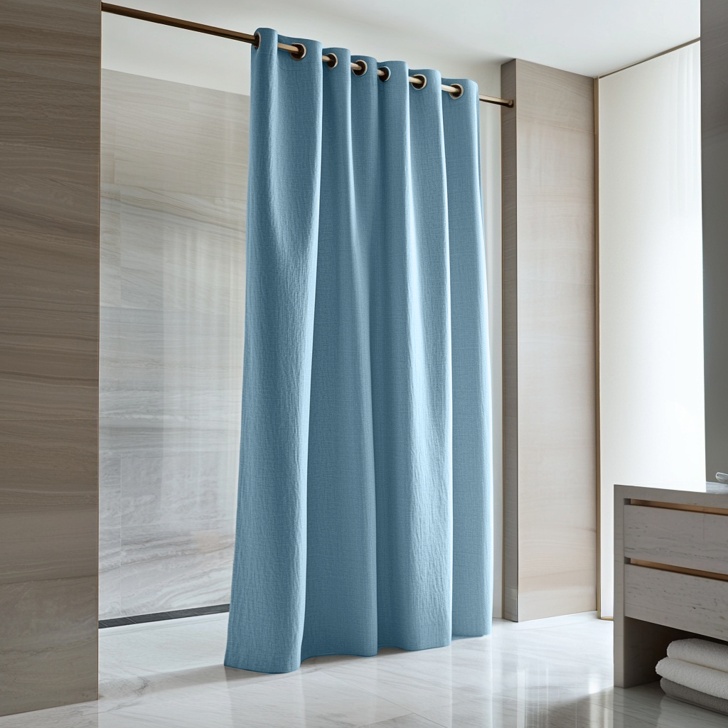 Sky Blue Hookless Linen Waterproof  Shower Curtain