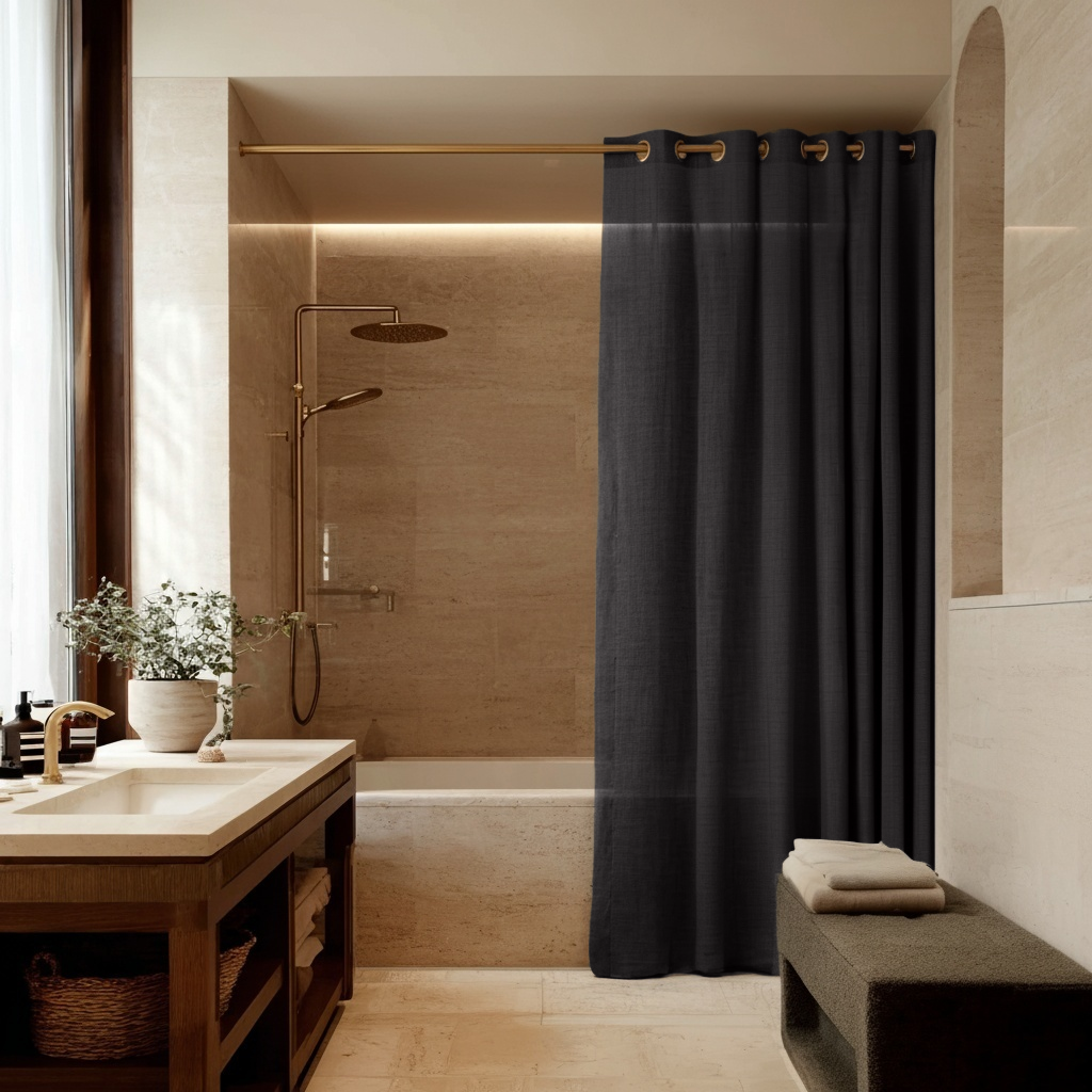 Black Hookless Linen Shower Curtain