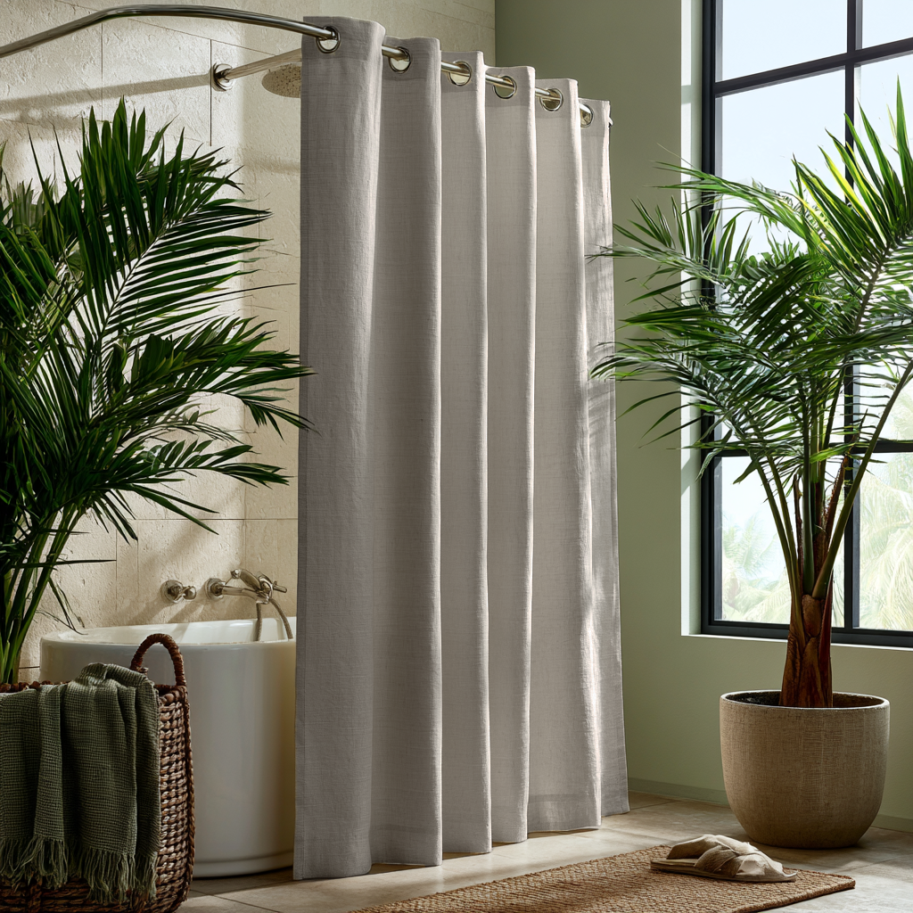 Natural Linen Hookless Shower Curtain in a Tropical Bathroom with Textured Beige Walls