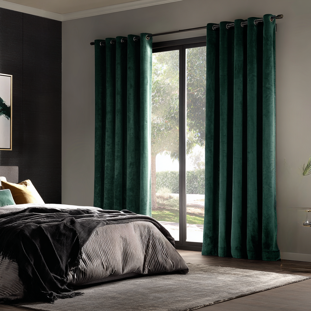 Hunter Green Velvet Blackout Grommet Curtain