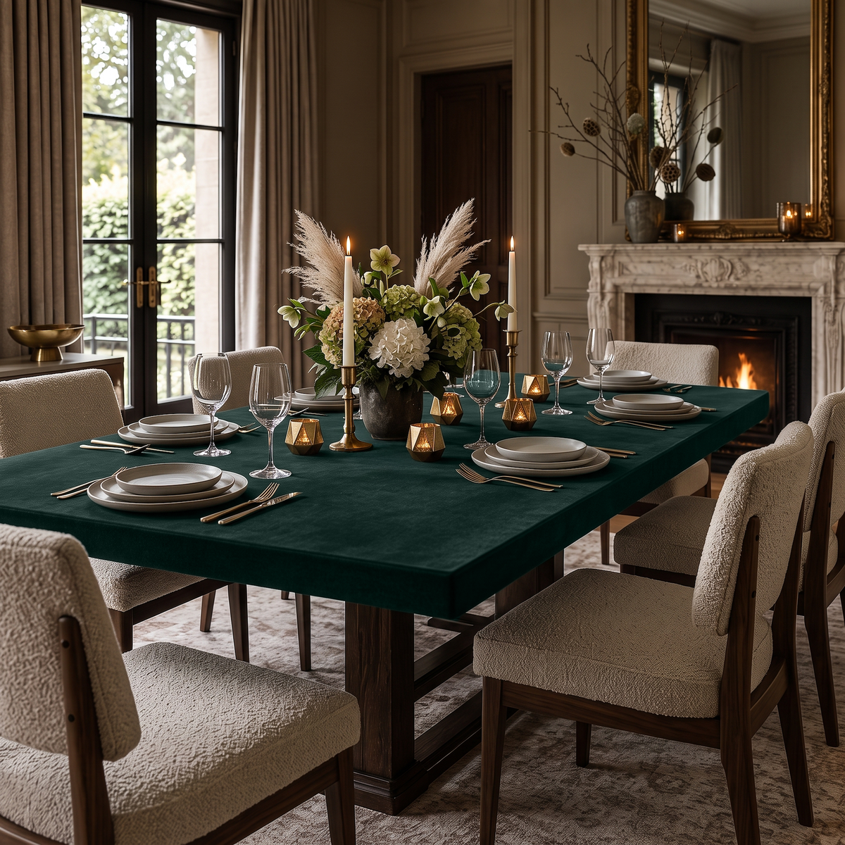 Hunter Green Fitted Rectangular Velvet Tablecloth in a Traditional Dining Room with a Gilded Mirror