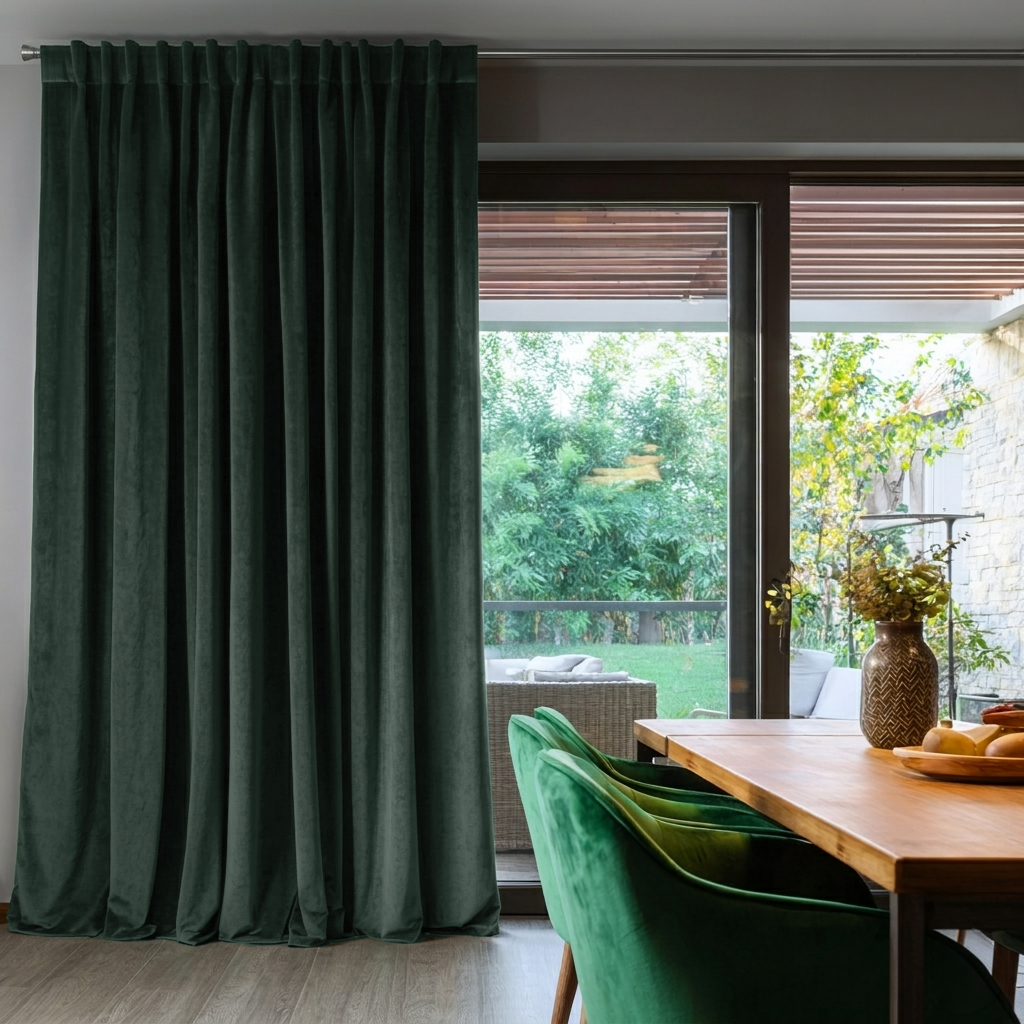 Hunter Green Velvet Back Tab Blackout Curtains for Sliding Doors in a Dining Room with Grey Walls