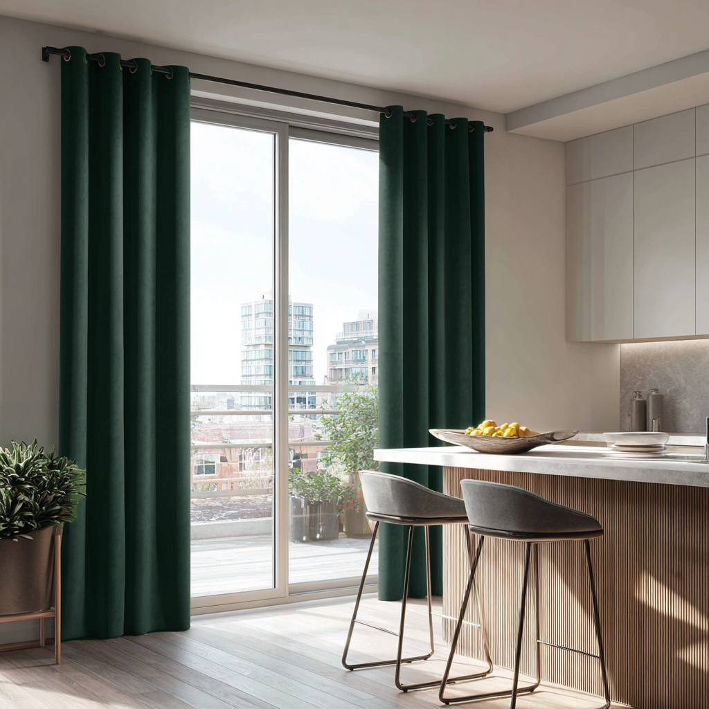 Hunter Green Velvet Eyelet Blackout Curtains for Sliding Doors in a Kitchen with Light Grey Walls