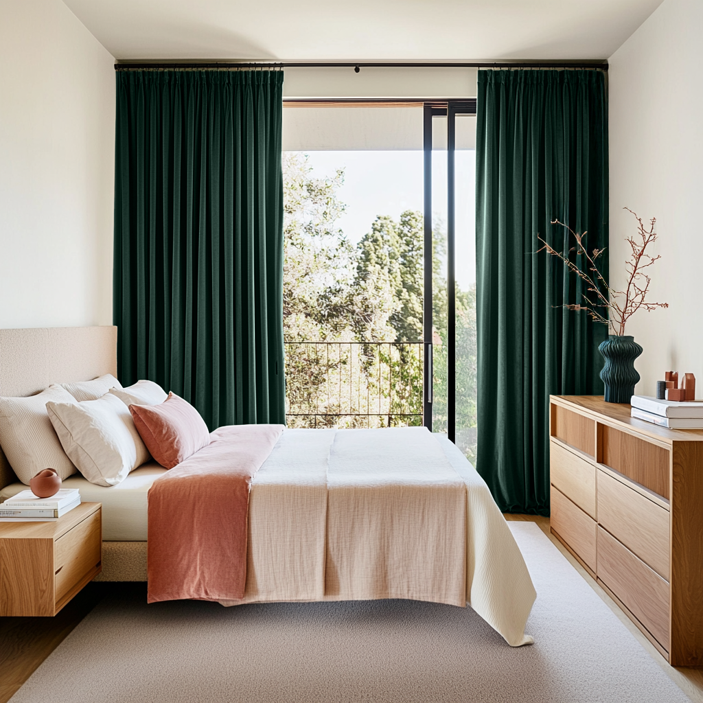 Hunter Green Velvet Pencil Pleat Blackout Curtains for Sliding Doors in a Bedroom with Bright White Walls