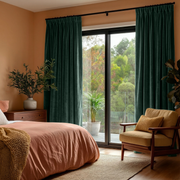 Hunter Green Velvet Pinch Pleat Blackout Curtains for Sliding Doors in a Bedroom with Ochre Yellow Walls
