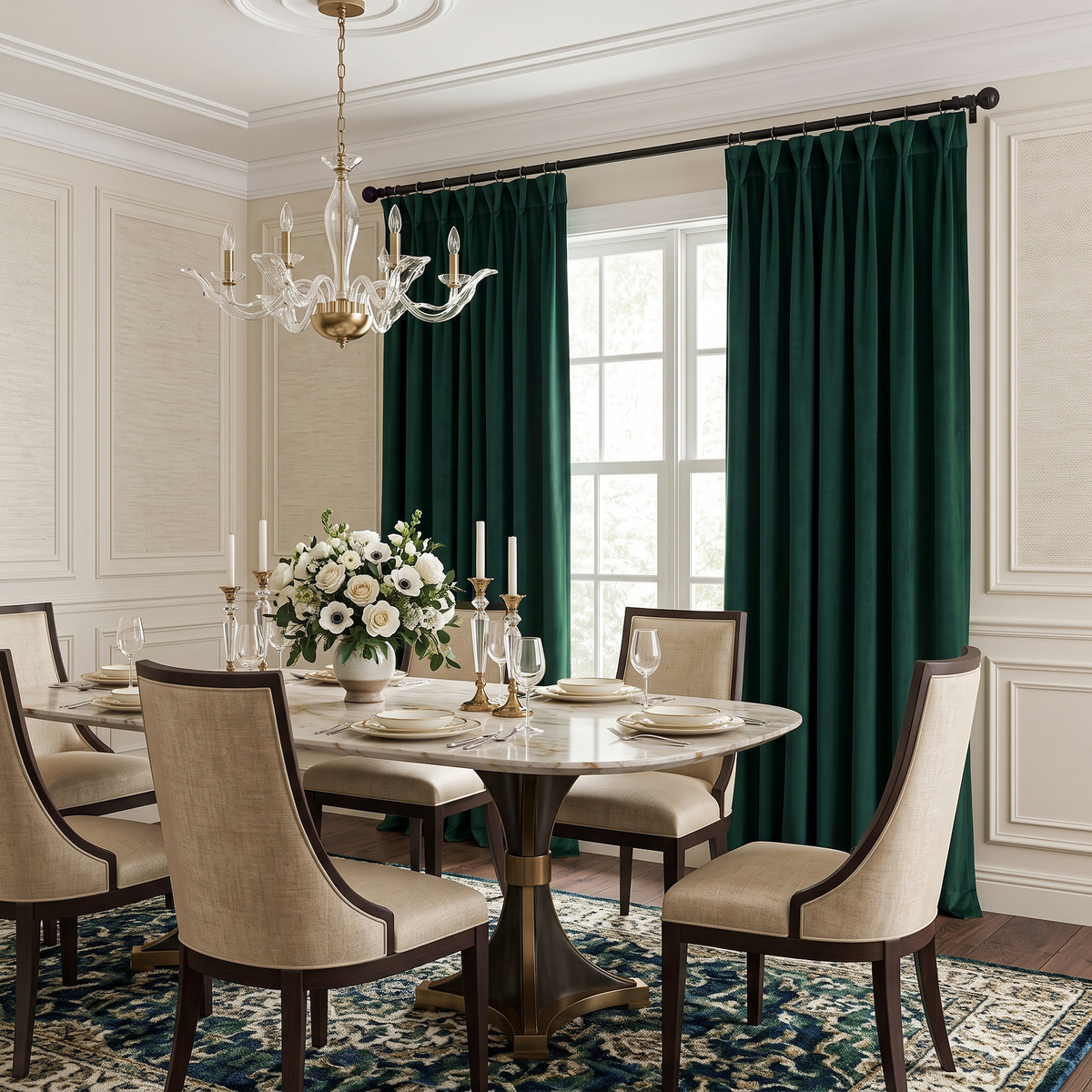 A styled dining room featuring a pair of floor-length emerald green curtains hanging on a black rod over a multi-pane window. The room is decorated with a marble dining table, beige upholstered chairs, a crystal chandelier, and a patterned rug.