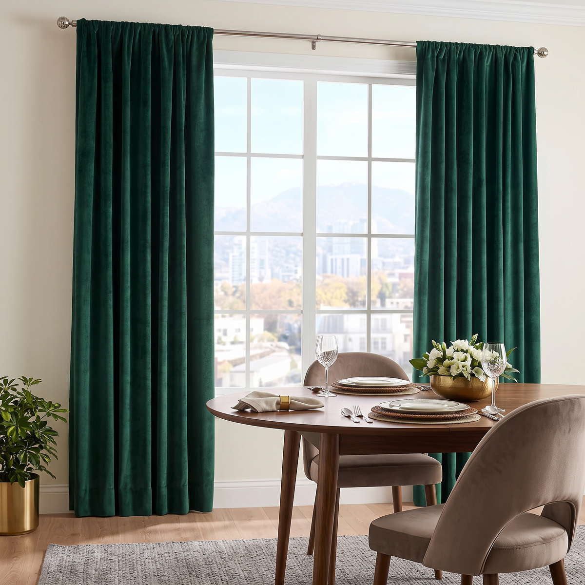 Dark green velvet curtains hanging on a silver rod in a dining room setting with a wooden table, chairs, and a window view of a cityscape.