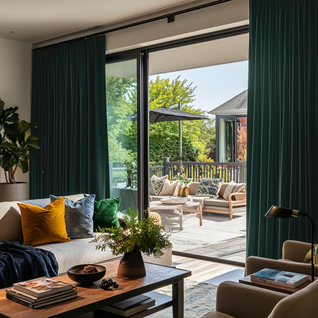 Hunter Green Velvet S-Fold Blackout Curtains for Sliding Doors in a Living Room with Beige Walls