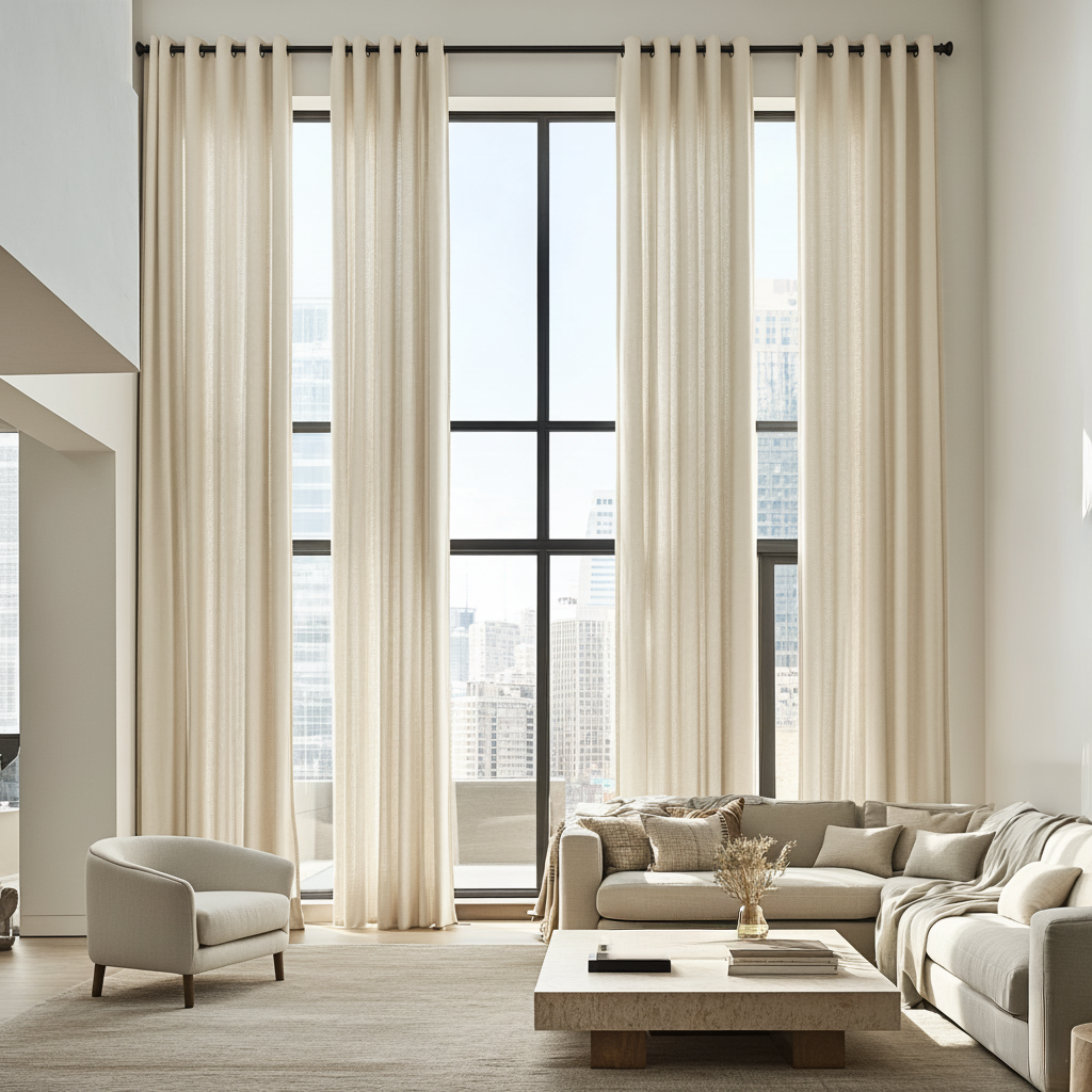 Large Cream Linen Eyelet Curtains - Cotton Lining