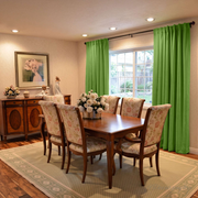 A dining room scene with a wooden dining table and six upholstered chairs, set on a patterned area rug. Bright green curtains hang over a window with a view of a backyard fence.