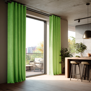Light Green Velvet Eyelet Blackout Curtains for Sliding Doors in a Kitchen with Beige Walls
