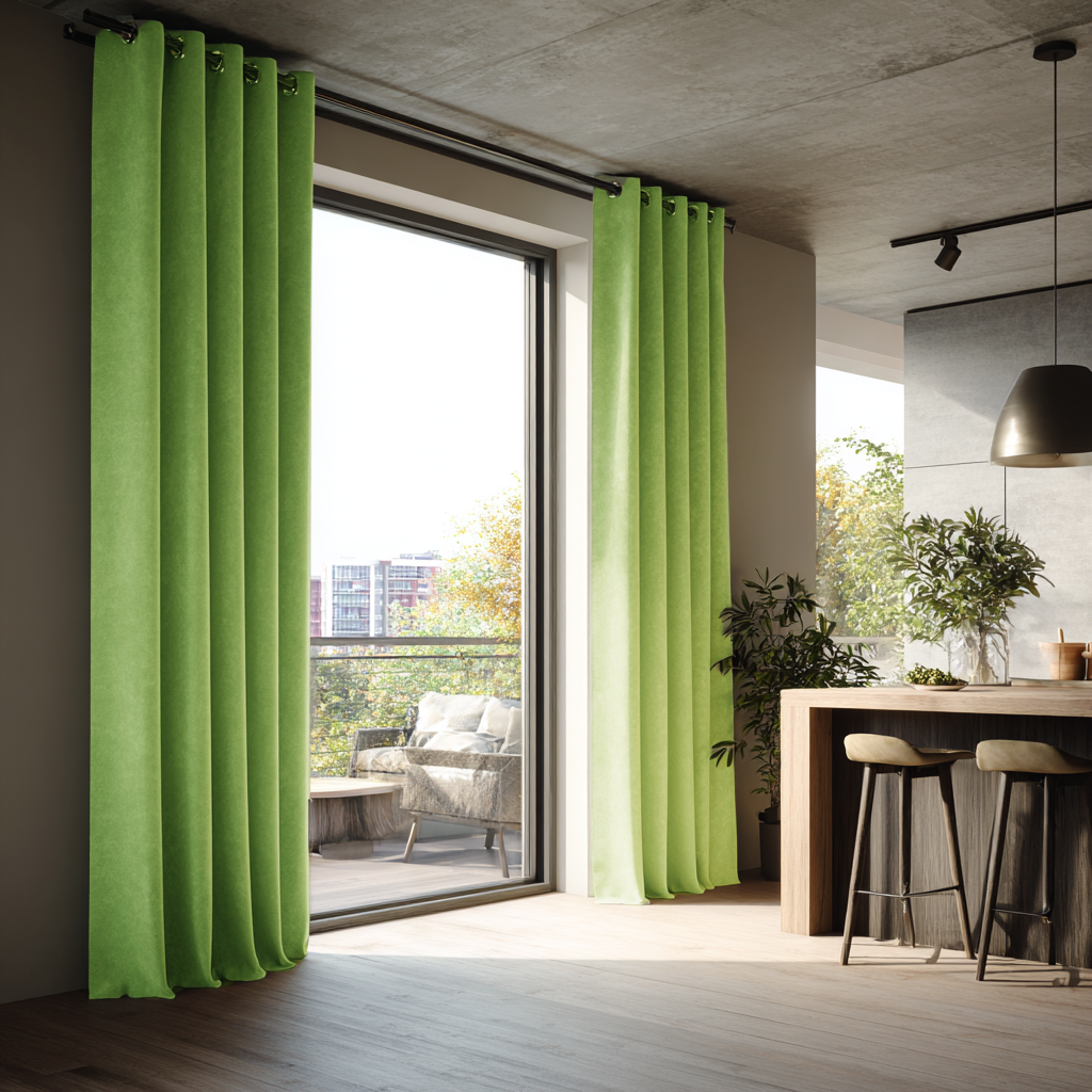 Light Green Velvet Eyelet Blackout Curtains for Sliding Doors in a Kitchen with Beige Walls