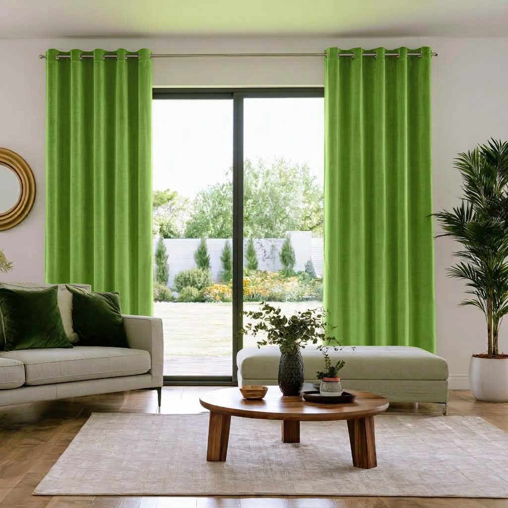 Light Green Velvet Eyelets Extra Long Curtains in a Modern Living Room with White Sofa, Ottoman and Coffee Table