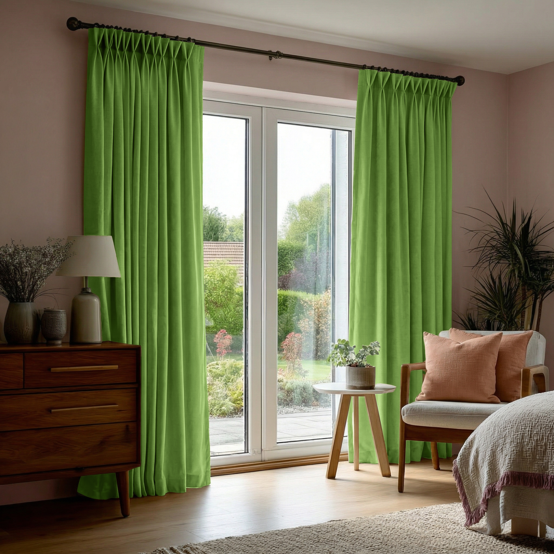 Light Green Velvet Pinch Pleat Blackout Curtains for Sliding Doors in a Bedroom with Beige Walls