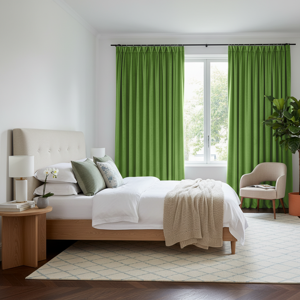 Light Green Velvet Pinch Pleat Blackout Curtains in a Bedroom with Crisp White Walls