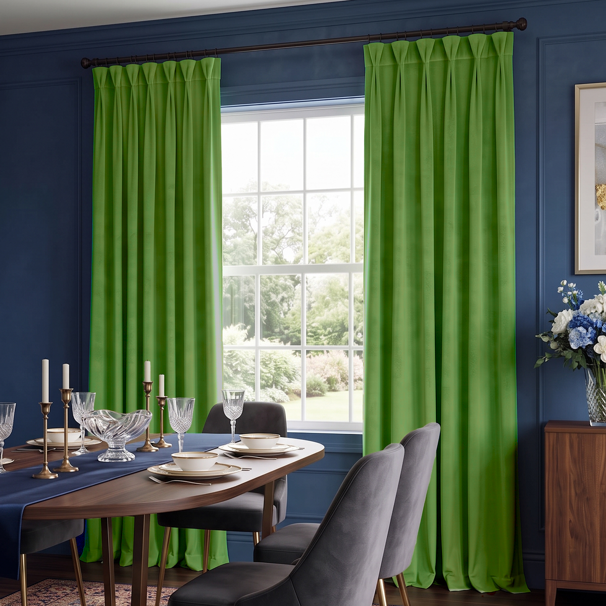 Bright green pleated curtains hanging on a dark wood rod in a dining room with blue walls, a set dining table, chairs, and a window view.