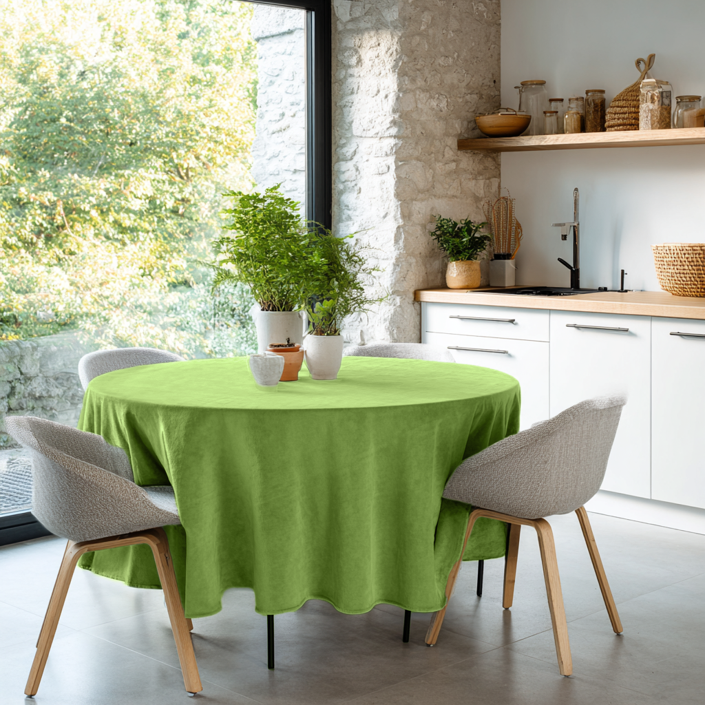 Light Green Velvet Round Tablecloth in a Bright Kitchen Dining Nook with White Cabinetry and Natural Wood