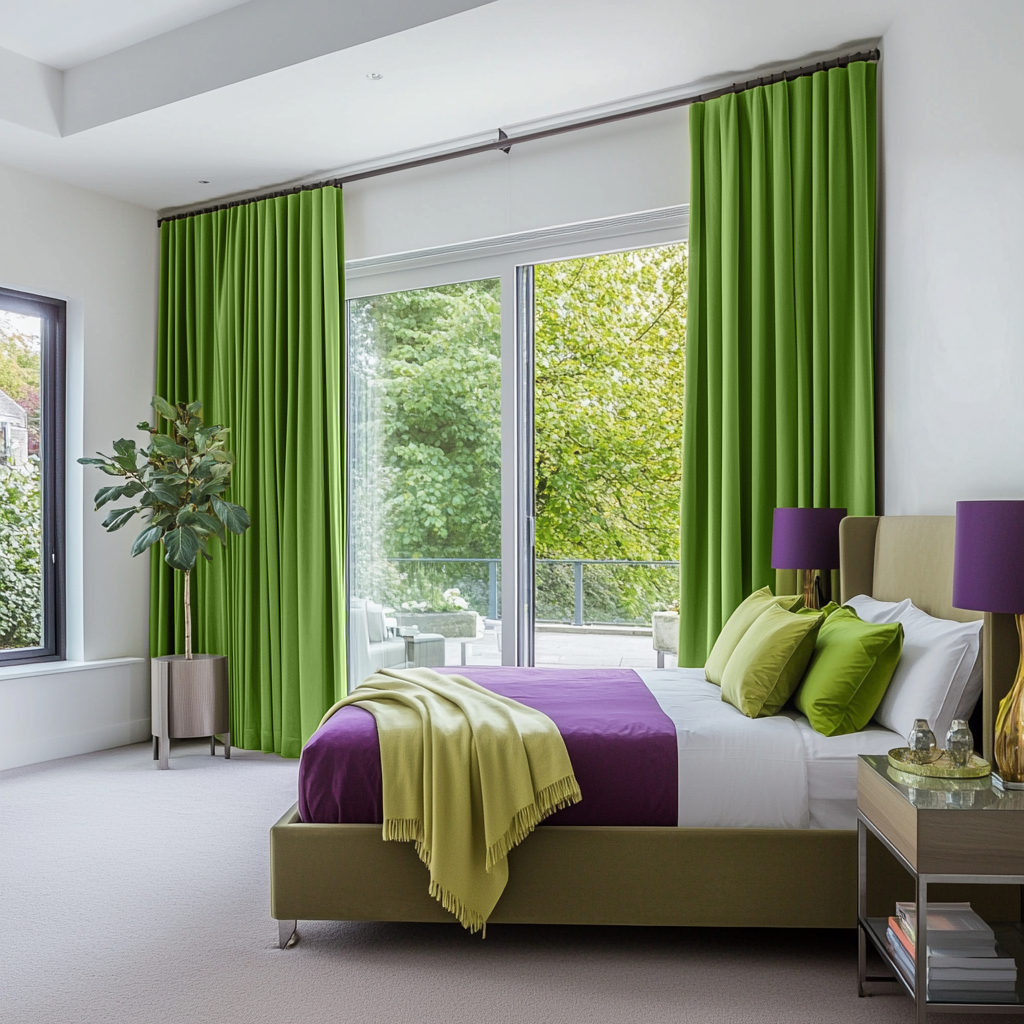 Light Green Velvet S-Fold Blackout Curtains for Sliding Doors in a Bedroom with Bright White Walls