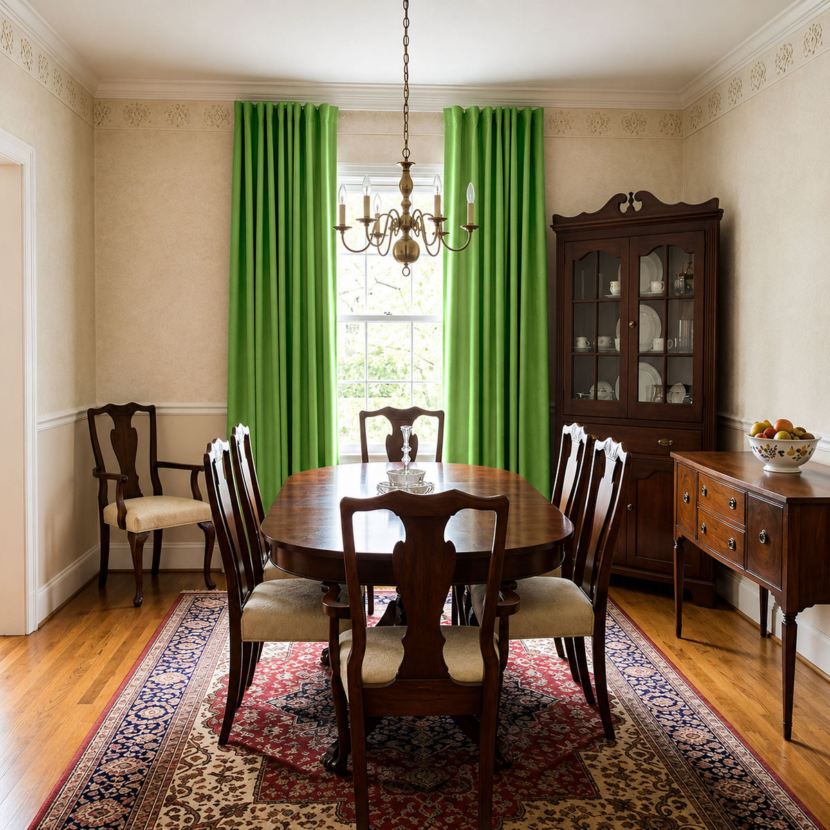 A styled dining room featuring bright green curtains, a dark wood oval dining table with matching chairs, a patterned area rug, a wooden hutch, and a chandelier.