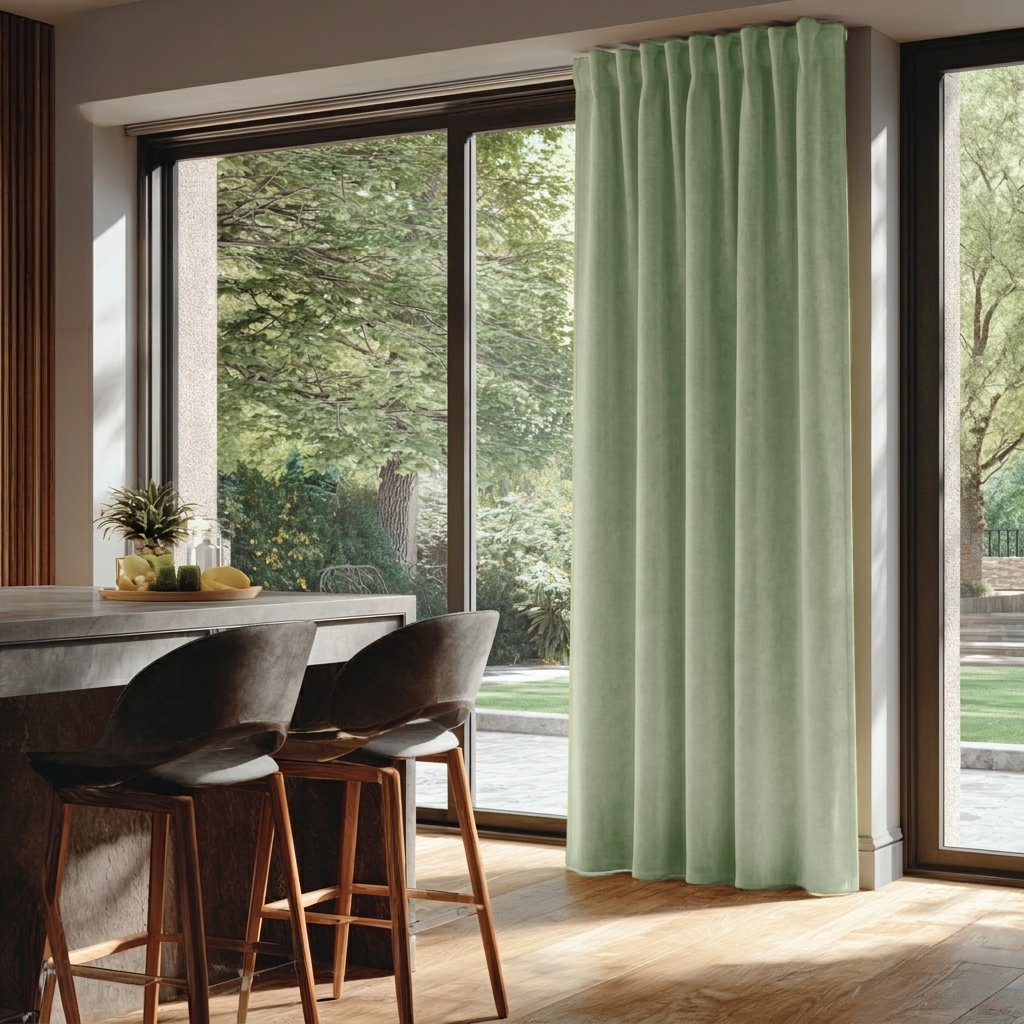 Lime Green Velvet Back Tab Blackout Curtains for Sliding Doors in a Kitchen with Beige Walls