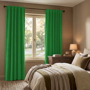 Lime Green Velvet Back Tab Extra Long Curtains in a Styled Bedroom with Beige Walls, Wooden Dresser and Neutral-Toned Bedding