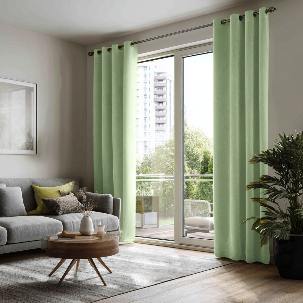 Lime Green Velvet Grommet Blackout Curtains for Sliding Doors in a Living Room with Off-White Walls