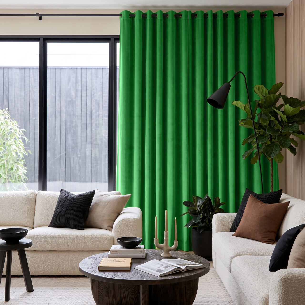 Lime Green Velvet Eyelet Curtains in a Contemporary Living Room with Cream Sofas and Black Accents