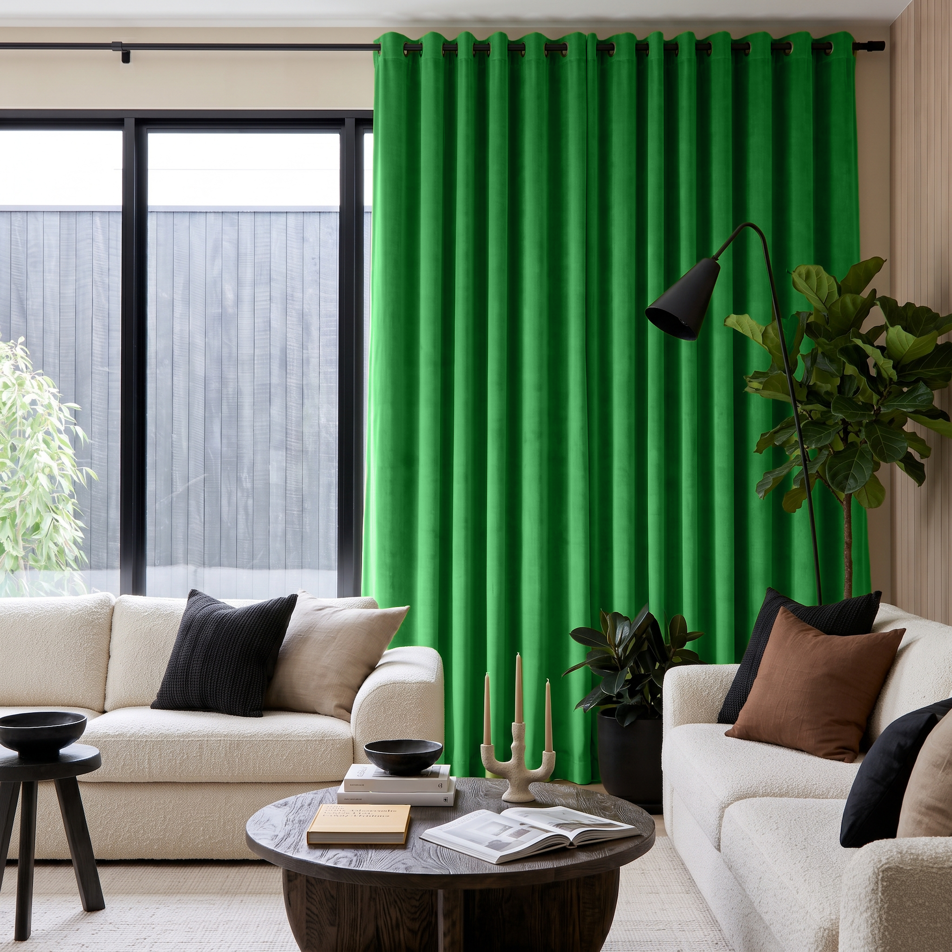 Lime Green Velvet Eyelet Curtains in a Contemporary Living Room with Cream Sofas and Black Accents