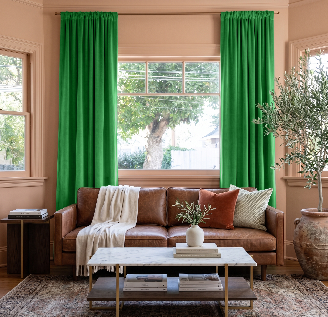 Lime Green Velvet Multitape Thermal Curtains in a Warm Living Room with Peach Beige Walls and a Brown Leather Sofa
