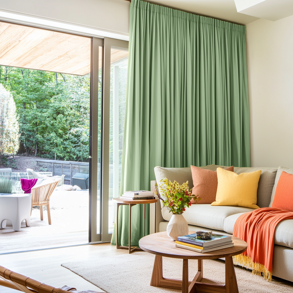 Lime Green Velvet Pencil Pleat Blackout Curtains for Sliding Doors in a Living Room with Cream Walls