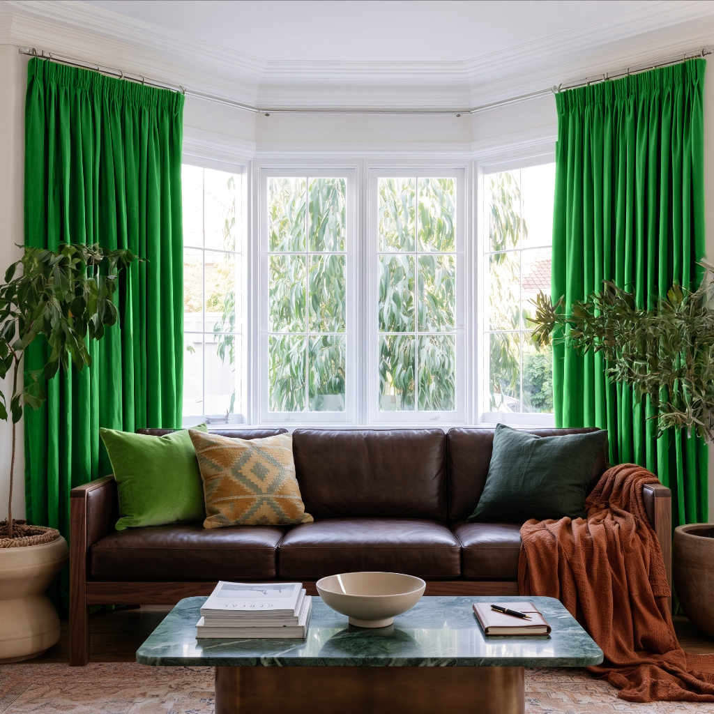 Lime Green Velvet Pencil Pleat Curtains in a Bay Window Living Room with Cream Walls and a Brown Leather Sofa