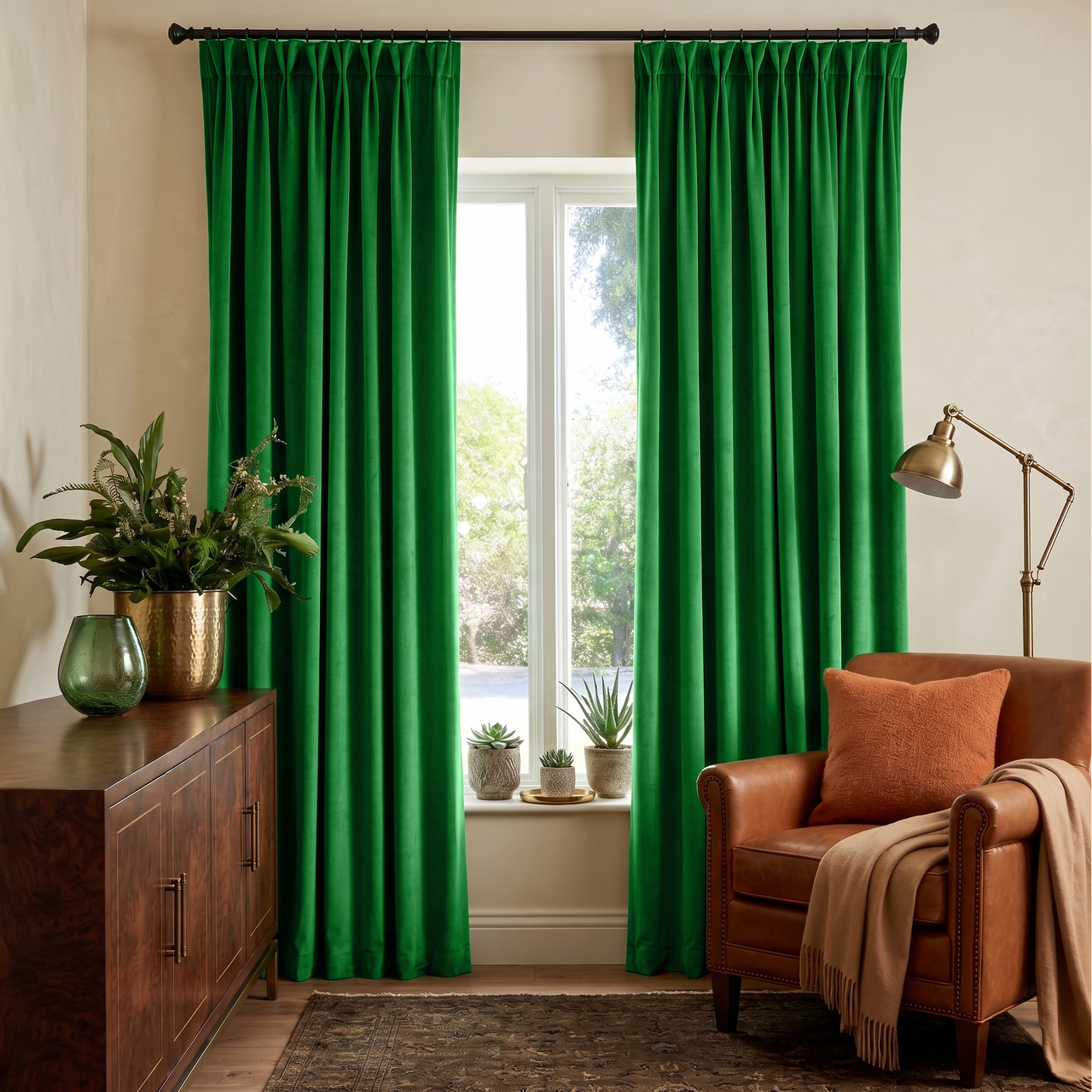 Lime Green Velvet Pinch Pleat Curtains in a Cozy Living Room with Beige Walls and a Brown Leather Armchair