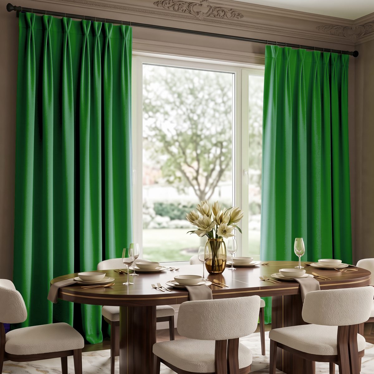 Bright green pleated window curtains hanging on a black rod in a dining room setting with a wooden dining table and chairs.