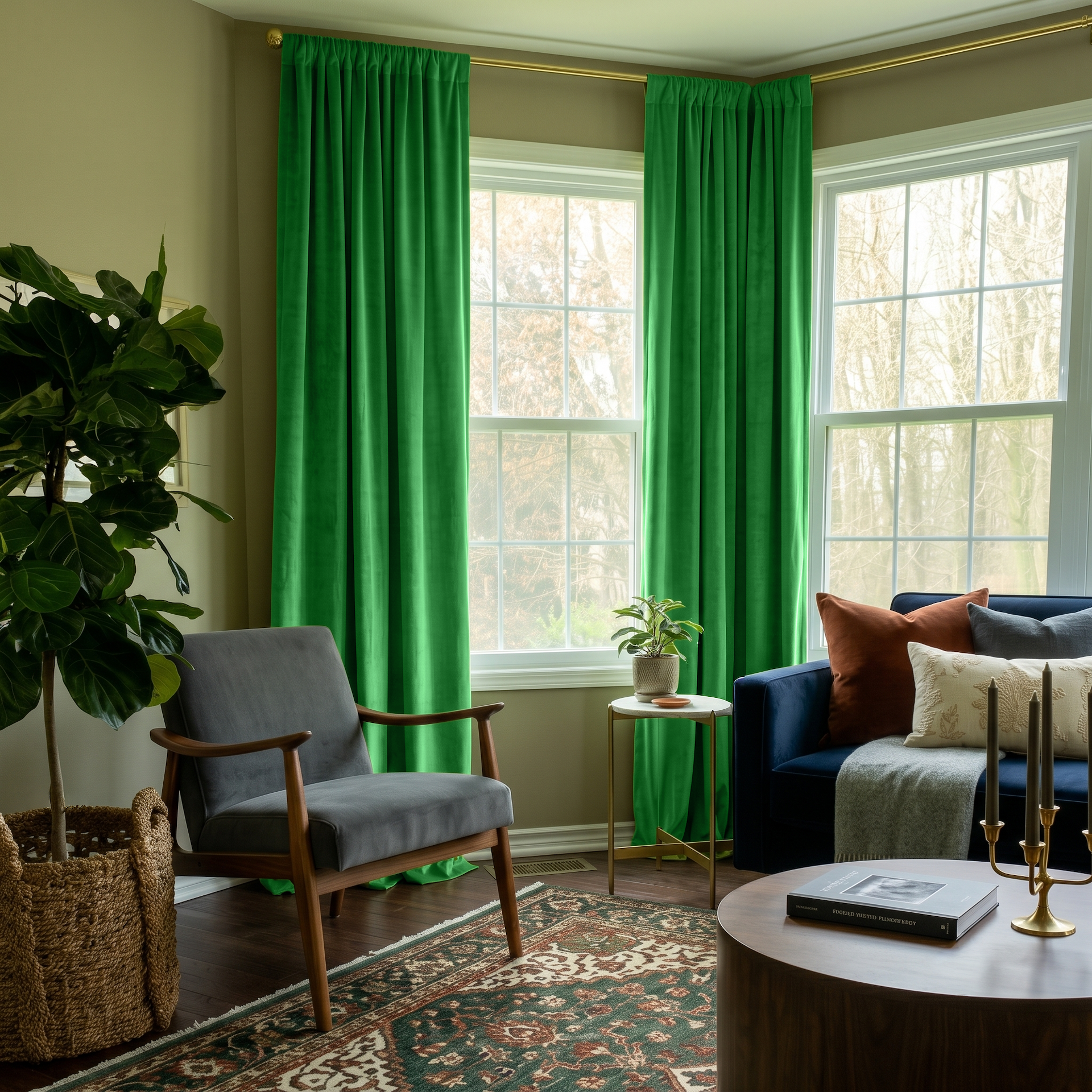 Lime Green Velvet Rod Pocket Curtains in a Cozy Living Room with Olive Walls and a Blue Sofa
